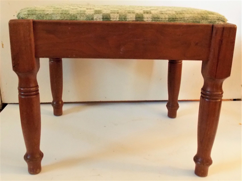 Walnut Turned Leg Foot Stool - Green Check Upholstery - Measures 13" tall 16" by 13"