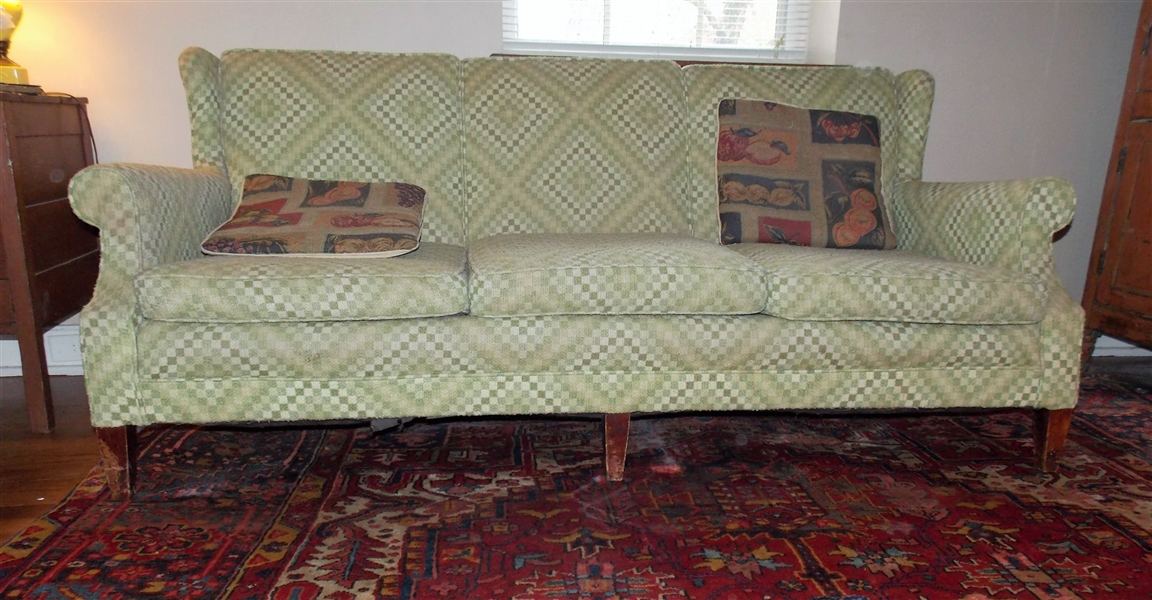 Green Check Sofa - Wood Legs - 73" Long