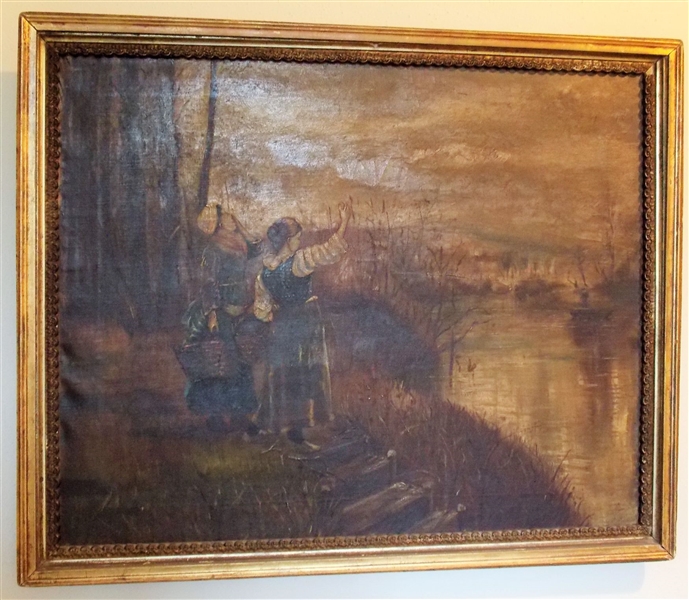 Antique Oil on Canvas Painting of Women Waving by Water - Framed in Gold Gilt Frame - Frame Measures - 23" by 28"