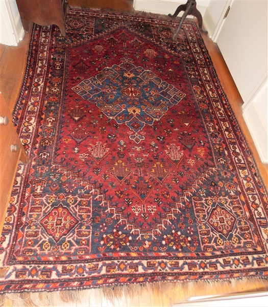 Red, Brow, Blue and Cream Oriental Rug 87" by 57" - Some Sun Fading in Corner 