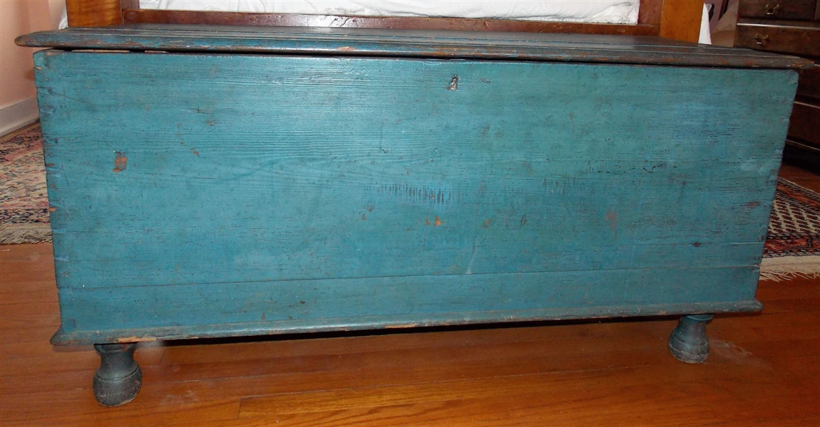 1740 - 1760 Blue Blanket Chest - Pine with Walnut Turnip Feet - Snipe Hinges - Molded Top - Pegged and Dovetailed Construction - Tidewater Virginia Area - Measures 25" tall 49 1/2" by 19 1/2"