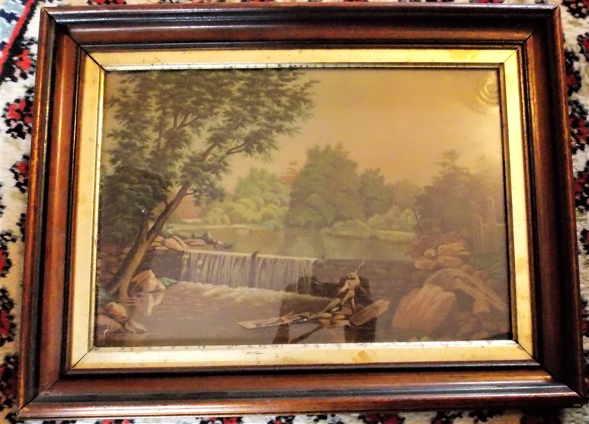 Print of Man Fishing in Walnut Frame - Frame Measures 13" by 17"