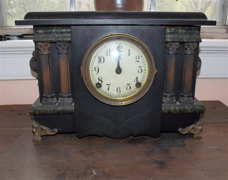 Sessions Clock with Columns and Faux Marble Details - with Key and Pendulum - Measures 10 1/2" tall 14" by 6"