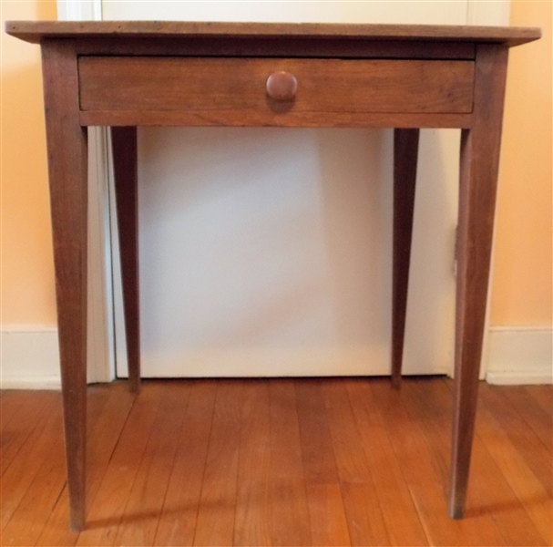 Walnut 1 Drawer Tapered Leg Table - 2 Board Top - Original Finish- Burn Mark to Top of Table - Dovetailed Drawer - Measures 29" tall 27" by 21 1/4" 