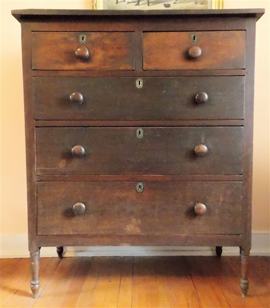 1820 North Carolina Sheraton 2 Over 3 Drawer Chest - Tall Turned Legs - Original Finish  -Pegged -  Dovetailed Drawers - Measures 47" tall 39" by 18 3/4"