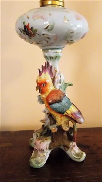 Porcelain Parrot Oil Lamp - 10 1/4" Tall Not Including Chimney 
