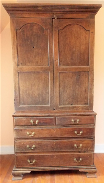 Southern 1740 - 1750 Colonial Chippendale Linen Press -Original Finish -  Walnut with Southern Pine and Poplar Secondary Woods - 2 Pieces - Bottom 2 Over 3 Drawers with Solid Ends - Top Has Arched...