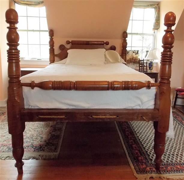 Maple Full Sized Rope Poster Bed - Large Post with Acorn Finials - Still Using Ropes - With Bedding