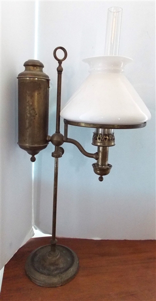 C.F.A. Heinrichs 1873/1874 Student Oil Lamp with Glass Chimney and Shade - Measures 26" Overall Height