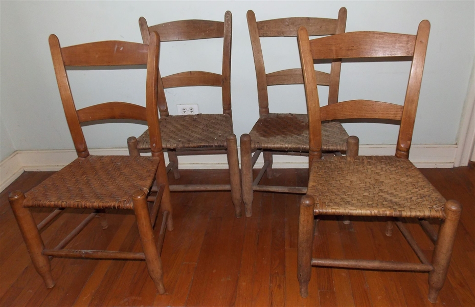 4 Matching Ladderback Mule Ear Chairs with Knife Marks and Turned Details  - Narrow Foot -Oak Split Bottoms - Measure 33" tall 18" by 13"