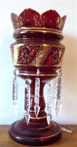 Ruby Red Candle Luster with Crystal Coffin Prisms - Gold Decoration - Measures 