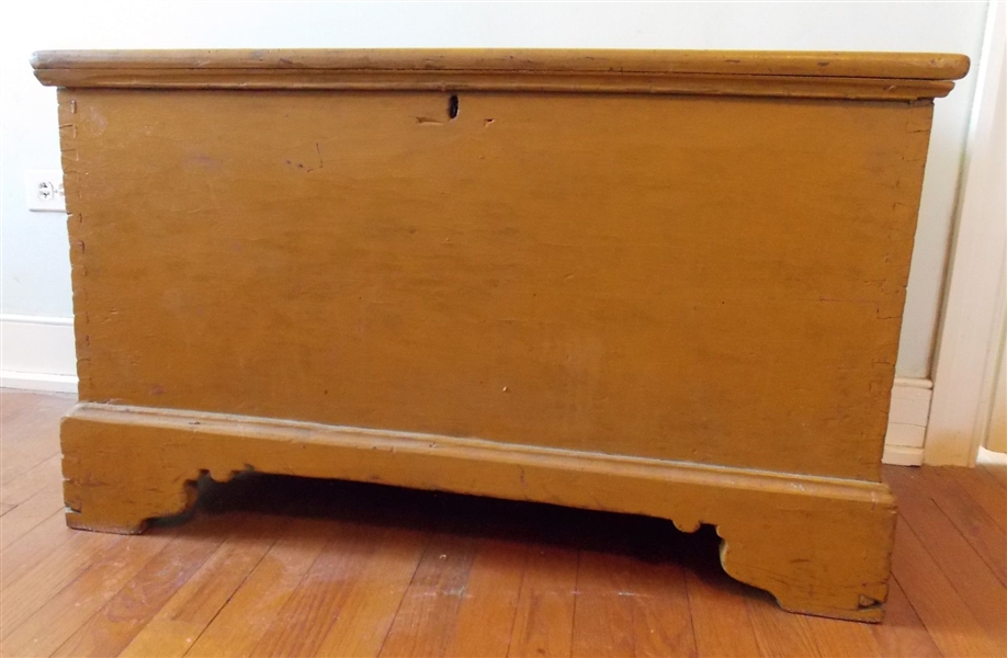 1780s Wythe Virginia Mustard Painted Blanket Chest with Rattail Hinges, Glove Box, Butterfly Wedge Dovetailed Case and Feet, Signed by Blacksmith - Measures - 21 1/2" tall 36" by 16 1/2"