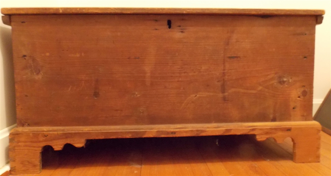 1800s Pine Blanket Chest - T Nails -Dovetailed Bracket Feet- with Glove Box-Rattail Hinges -  Original Finish -  Repaired Foot - Measures 21" tall 42 1/4" by 20"