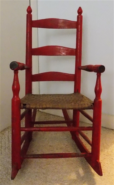 Virginia Childs Pegged Ladderback Youth Rocker - Knife Marks on Arms - Red Paint - Measures 