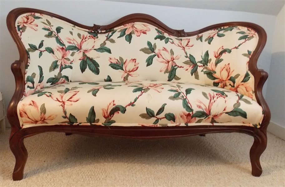 Walnut Victorian Sittee Floral Upholstery - Minor Trim Separation on Back - Measures 34" tall 58 1/2" Long