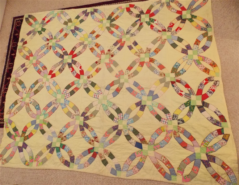Wedding Ring Quilt with Yellow Background - Measures 81" by 66 1/2"