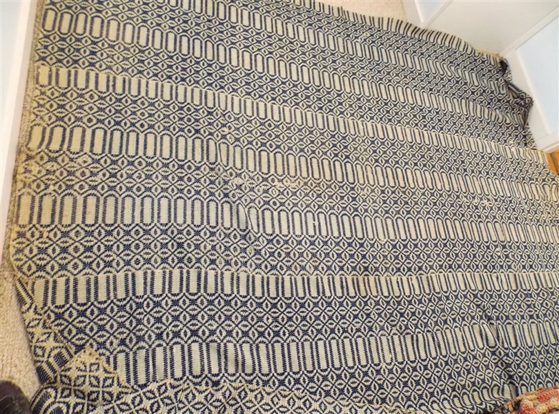 Large Handwoven Blue and White 3 Piece Coverlet - 2 Holes, Needs to be Stitched at one Seam 0 Measures 9 by 73"