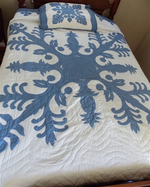 Kalama Collection Blue and White Quilt - Made in Hawaii - King Sized 102" by 96" - with 1 Sham 