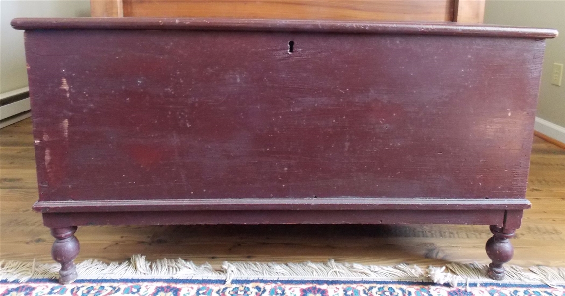 1830s Pine Blanket Chest with Rattail Hinges, Dovetailed Case, Unusual Feet, with Glove Box - Red Paint - Missing Trim Molding - Measures 23" tall 43 1/2" by 19"