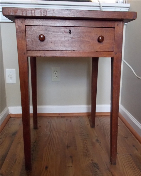 Walnut  Tapered Leg Pegged Table with Single Dovetailed Drawer - Measures 28 1/2" tall 20 1/2" by 21" 1 Knob is Loose 