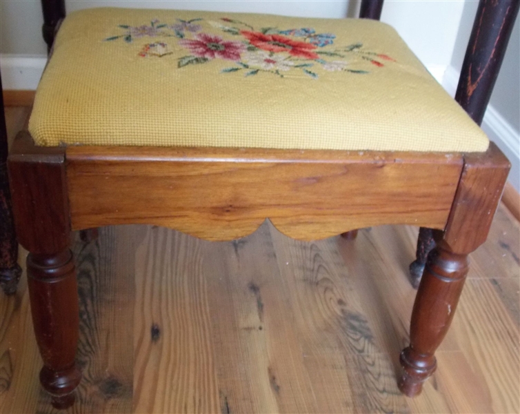 Pine Foot Stool with Floral Needlepoint Top - Measures - 12" tall 16 1/2" by 13 1/2"