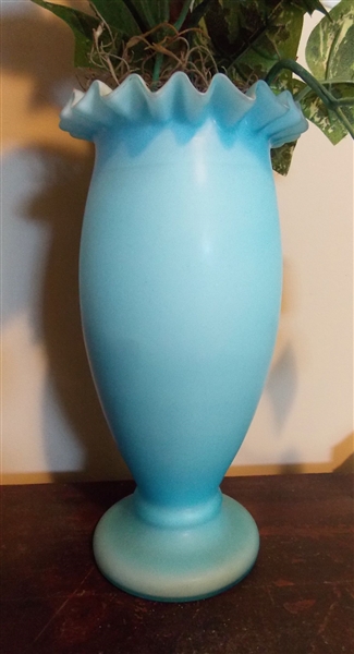 Blue Satin Glass Vase with Magnolia Floral Arrangement - Vase Measures 8" Tall 