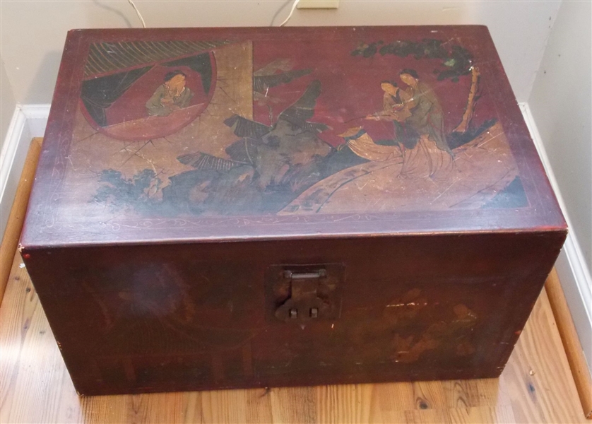 Oriental Decorated Trunk - Scenes on 4 Sides - Metal Hardware - Measures - 13 1/2" tall 24 1/2" by 16"