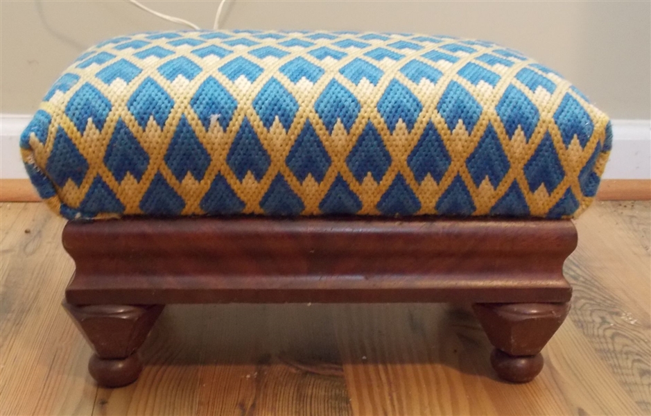 Small Walnut Empire Foot Stool - With Blue and Gold Upholstery - Measures  8" tall 13" by 7"