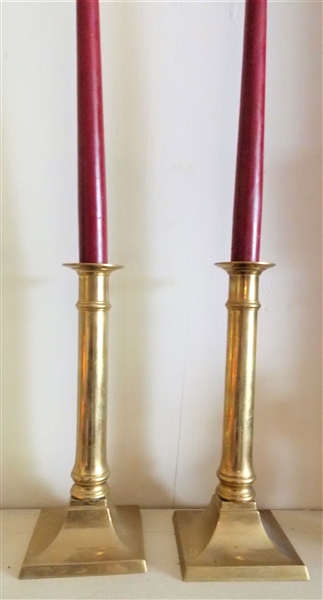 Pair of Brass Candle Sticks Square Bases 9" Tall 
