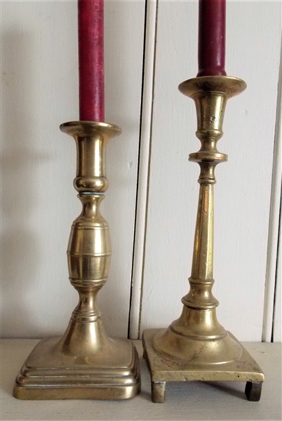 2 Brass Candle Sticks - 8 1/2" Push Up and 10" with Feet 