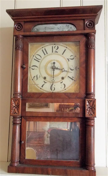 Wood Mantle Clock with Mirrored Door - with Key and Pendulum - "Brass Bushs Clocks ….. Bristol Conn. " On Interior - Measures 31" tall 16" by 5 1/2"