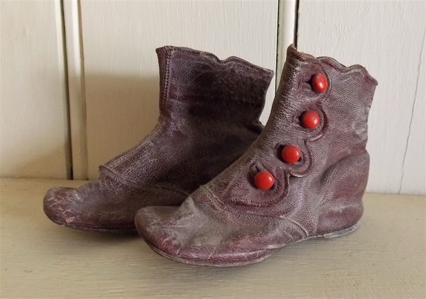 Pair of Childs Leather Shoes with Red Buttons - Measure 3 3/4" tall by 5" Long