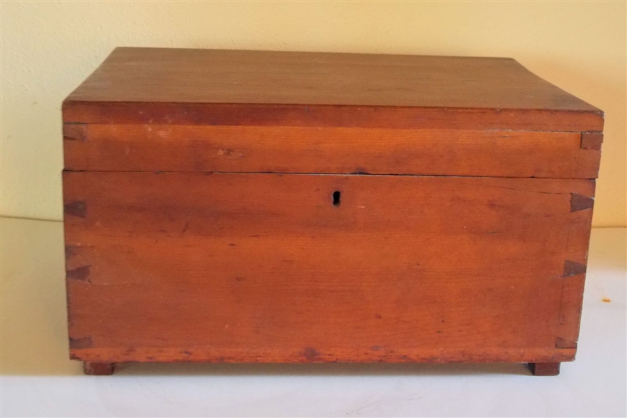 Walnut Dovetailed Document Box - Dovetailed on All Sides and Top  -Missing Lock - Measures - 7 1/2" tall 13" by 8 3/4" - Small Spilt on Corner - See Photo