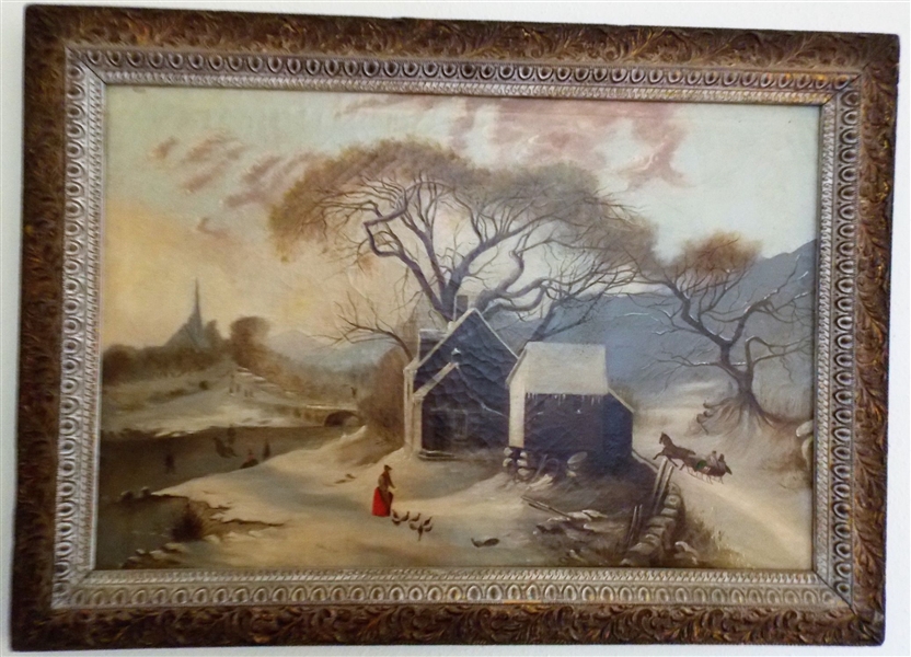 19th Century Oil on Canvas Painting of Winter Scene Framed - Frame Measures 20 1/4" by 29 3/4"