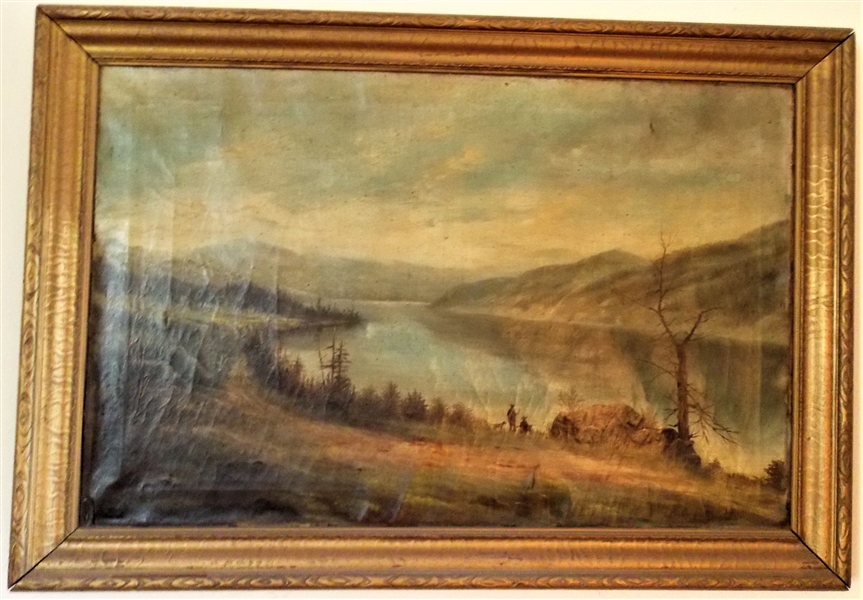 19th Century Hudson River School Painting of River and Hunters - Some Damage - Framed - Frame Measures 26 1/2" by 39"