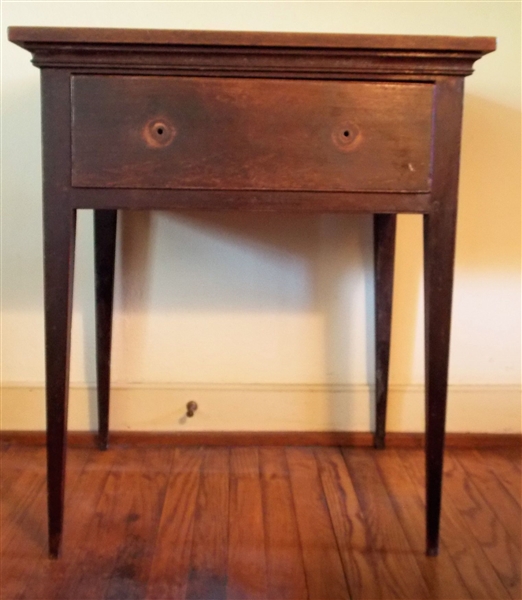 Virginia Walnut Beaded Tapered Leg Table with Wide Single Drawer - Decorative Molding - Original Finish - Pine Secondary Wood - Knobs are in Drawer - Measures 31" tall 26 1/2" by 21"