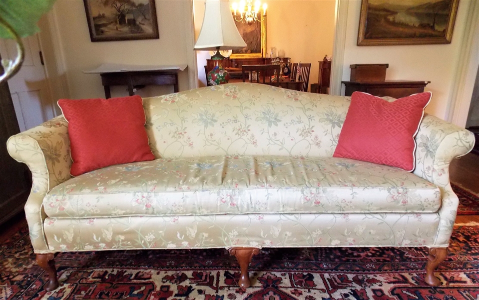 Queen Anne Style Sofa with Embroidered Silk Upholstery -  "Distinctive Furniture by Greene Brothers Furniture North Wilkesboro, NC" - Measures 73" Long