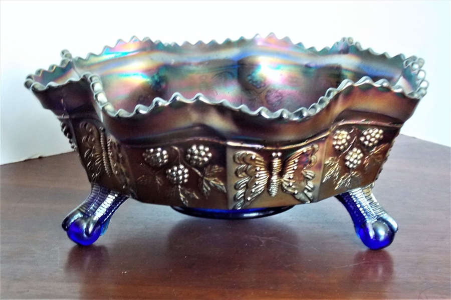 Blue Fenton Glass Butterflies and Berries Footed Bowl - 4" tall 9" Across