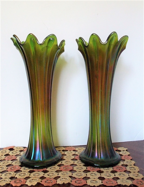 Pair of Green Carnival Glass Ribbed Northwood Vases - Signed - 10 1/2" Tall 