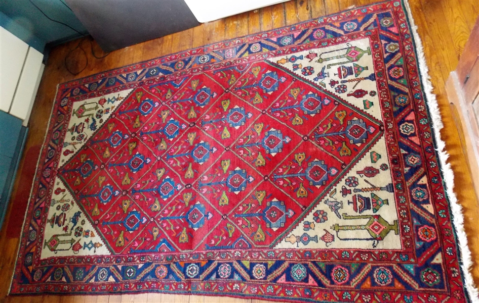 Beautiful Red, Blue, and Cream Oriental Rug with Urns, Birds, and Lamps - Measures 83" by 53"