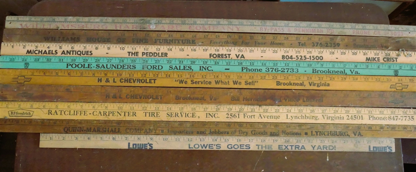 9 Advertising Yardsticks and Rulers - H&L Chevrolet, Michaels Antiques, Lowes - Brookneal, Lynchburg, and Forest Virginia