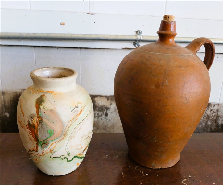 Native American Pottery Vase and Redware Pottery Jug - Cracked - Vase Measures 7" tall 