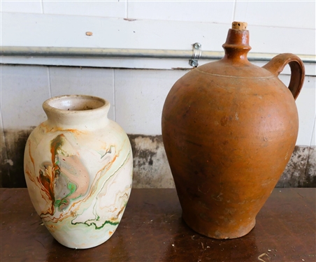 Native American Pottery Vase and Redware Pottery Jug - Cracked - Vase Measures 7 tall 