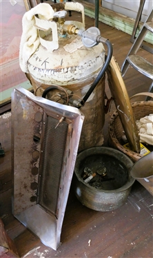 Propane  Heater, Basket, Gold Gilt Oval Mirror, Glass Knobs,  and Hammered Copper Planter - Trophy is Missing Handle, Planter is Missing Foot