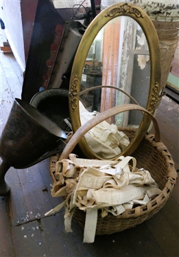 Propane  Heater, Basket, Gold Gilt Oval Mirror, Glass Knobs,  and Hammered Copper Planter - Trophy is Missing Handle, Planter is Missing Foot