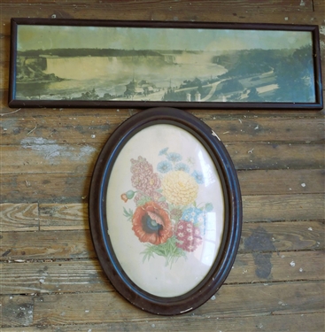 1924 Canada -Niagara Falls Photograph and Oval Bowed Glass Frame with Floral Print - Falls Measures 36 by 10 1/2 - Oval Frame Has Some Finish Chipping