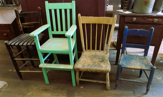 4 Chairs including Blue Childs Chair with Unusual Legs, Plank Bottom Chair - Split At Top, High Chair, and Other Stool - Blue Chair Measures 26 Tall 