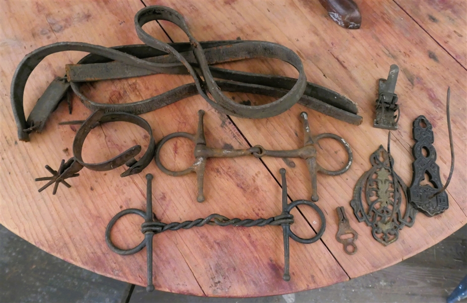 2 Antique Bits, Single Spur, Leather Reins, and Receipt Holders 