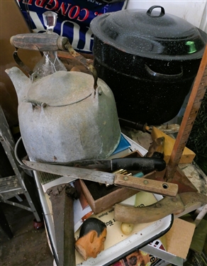 3 Tier Rolling Cart and Contents including Decanter, Enamel Pot, Kettle, Wedge, Knives, Skirt Marker, Etc. 