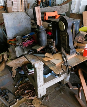 Rolling Wood Work Table and Contents including Craftsman Chisel Set, Craftsman Tool Box, Table - Needs Repair, Clock- Needs Repair, and More